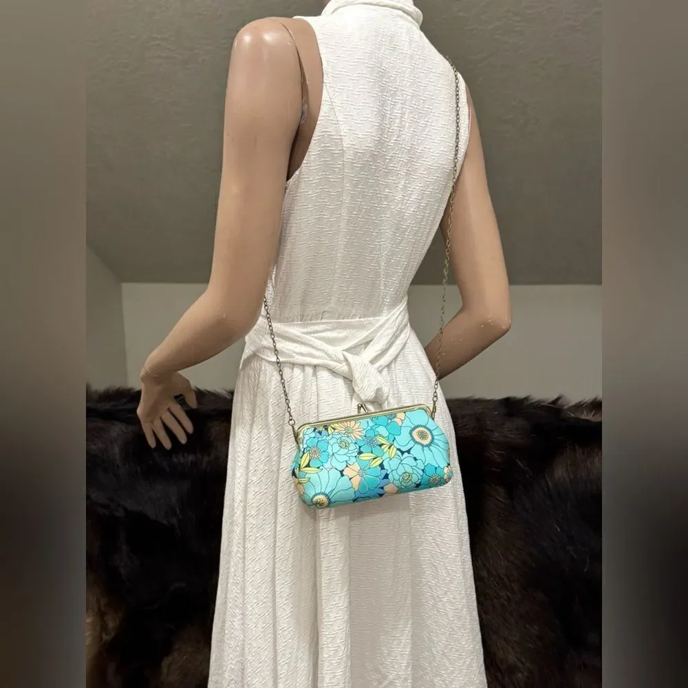 Floral Print Handmade Cowhide Kisslock Clutch/Wristlet/Phone Pouch/Crossbody